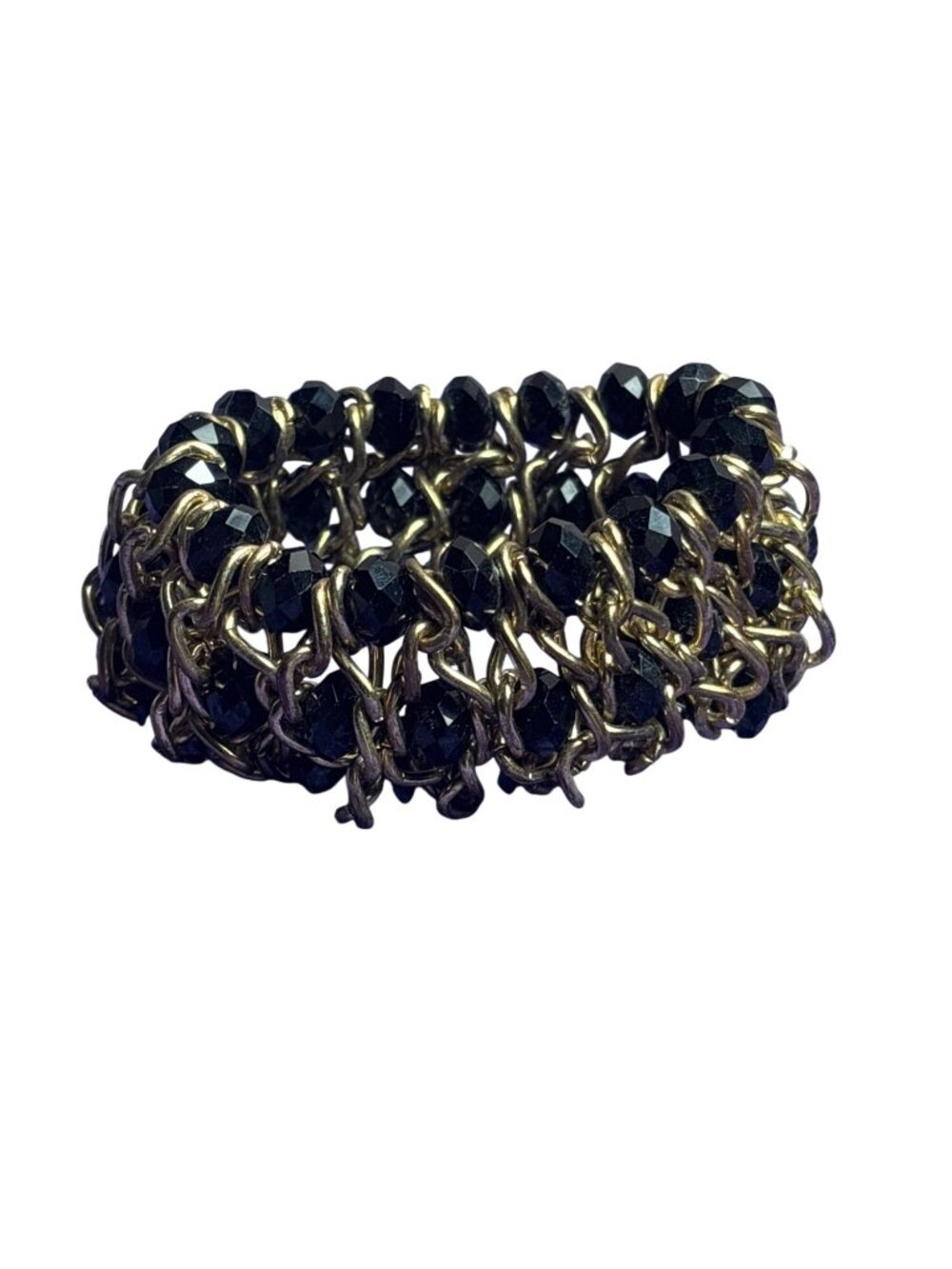 Goldtone Chain Black Faceted Glass Beaded Stretchy Bracelet 7.25 inch unstretch